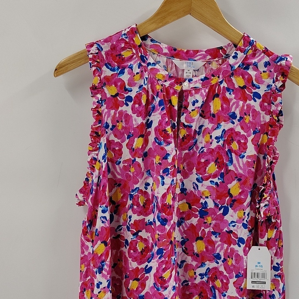 Time & Tru Pink Floral Pullover Blouse Sleeveless Top Button Front NWT Medium - Picture 2 of 8
